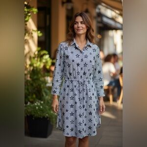 Sandro Navy Blue and White Star Cut-out Patterned Button Up Shirt Style Dress